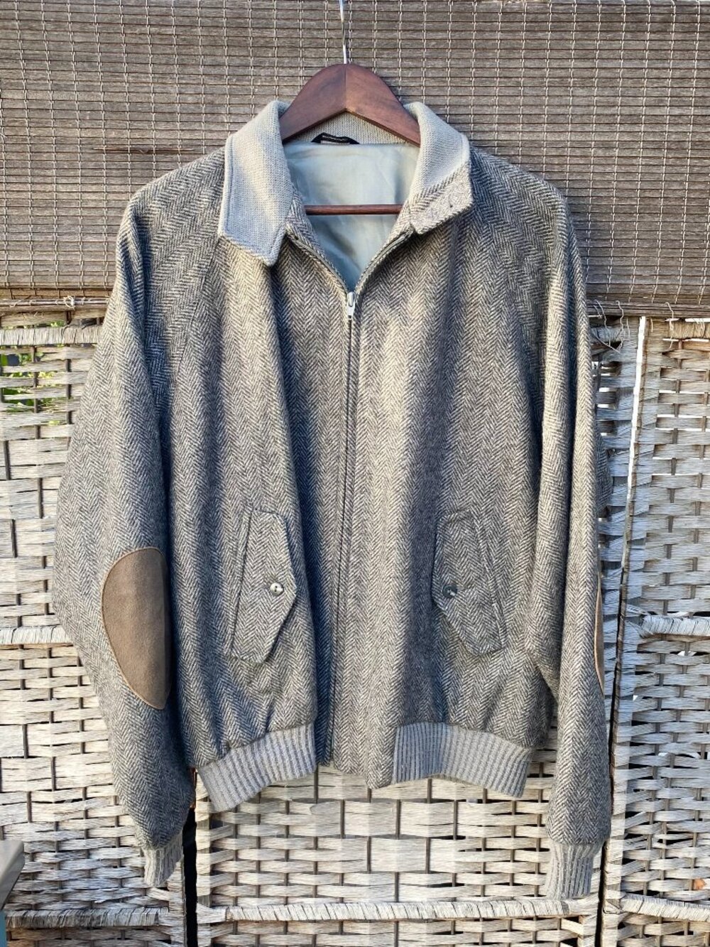 70s Harrington Jacket Gray Herringbone Tweed Zip Up Suede Elbow Patches Vintage